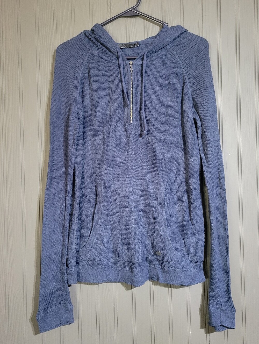 prAna Milani Waffle Knit Quarter Zip Hooded Sweater Wool Blend Blue Women's MD